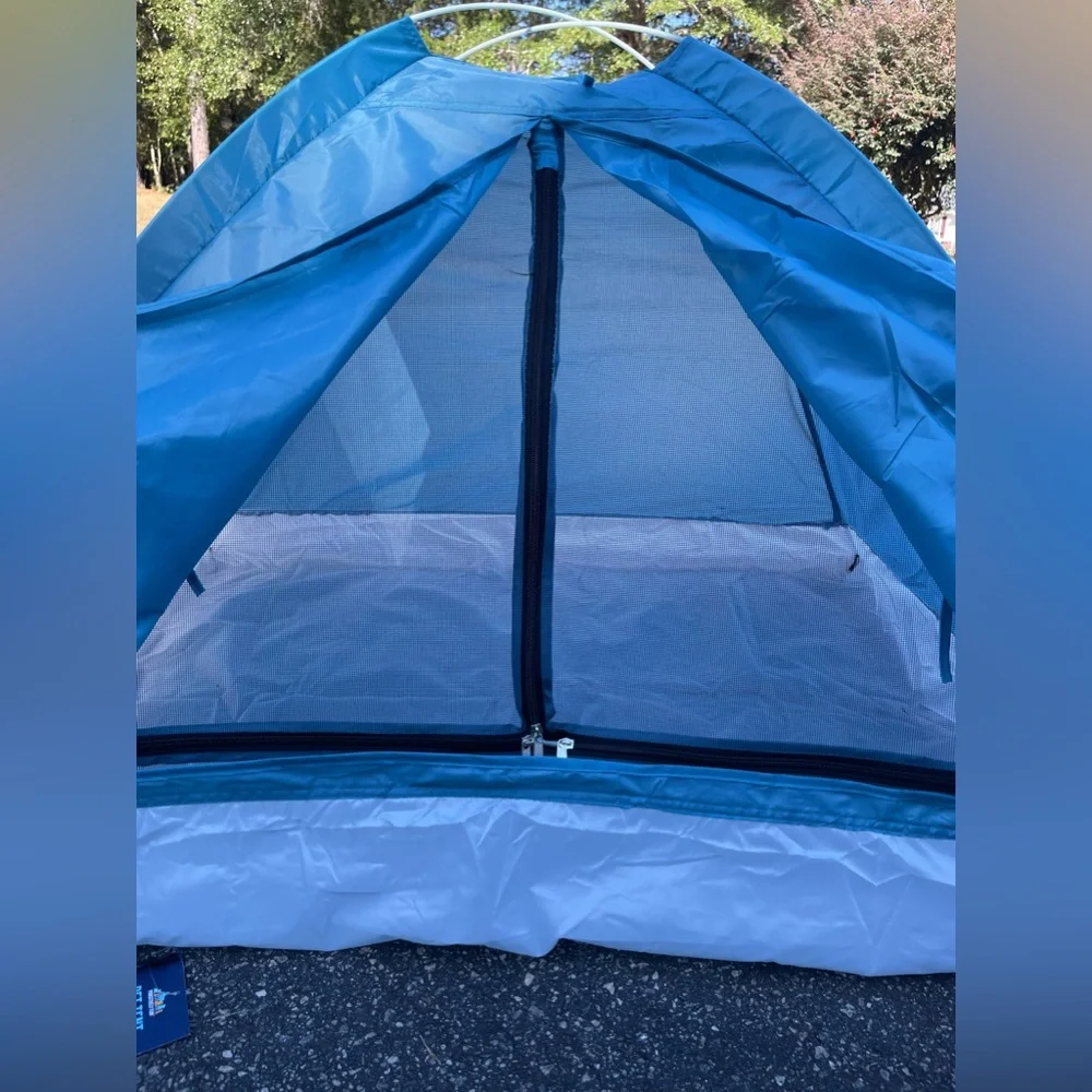 Here is a blue and gray pet tent. It’s very big and nice for an animal.
